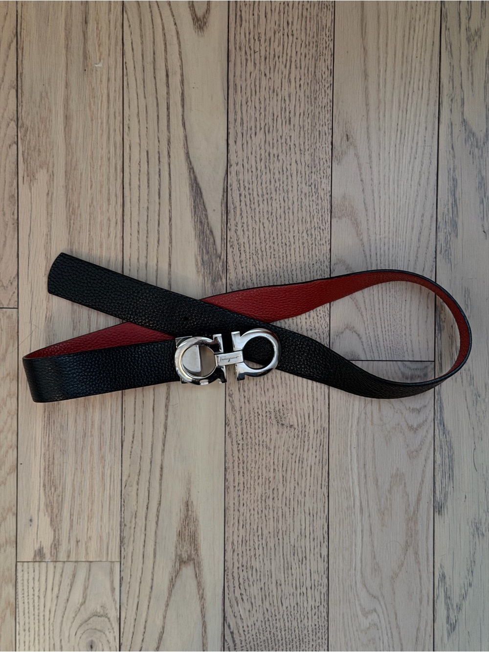 Salvatore Ferragamo Reversible Black/Red Leather Belt with Silver Gancini Buckle